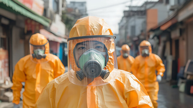 Hazmat team inspecting a residential area.  Protective gear shows the potential risk of biohazards. Caution is required, focus on safety and contamination prevention.