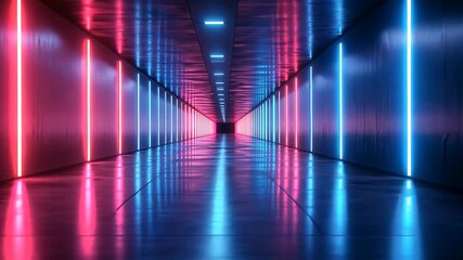 A corridor illuminated by blue and pink vertical neon lights receding into the distance - Powered by Adobe