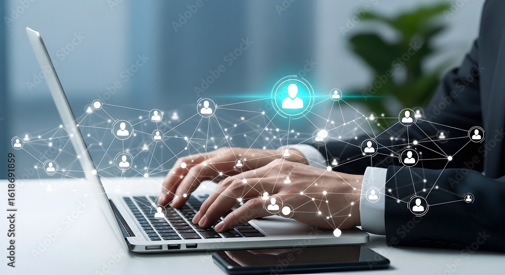 Poster social network connection concept using laptop for business networking and communication online now