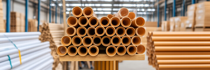 Pipes: Stacks of new pipes, neatly piled, form an organized pattern within a well-lit warehouse, awaiting their next application.
