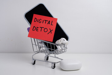 Technology concept - words of digital detox digital gadgets. Concept of social media addiction....