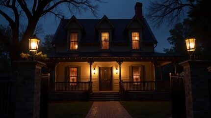 Atmospheric night view of haunted house attraction facade with old-style flickering porch lights and lanterns creating spooky ambiance for visitors approaching the ride entrance.

