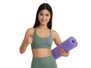 Confident yoga enthusiast displaying thumbs up with mat on a transparent area conveys wellness