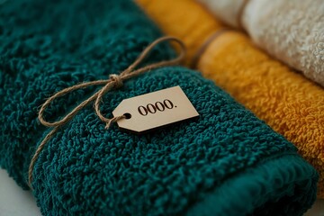 Close up of a teal colored towel tied with twine and a tag