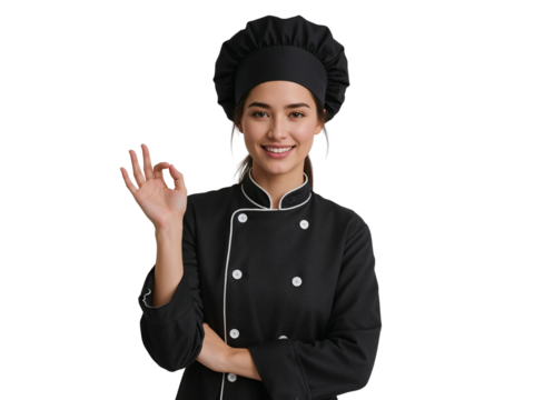 Professional chef making okay sign against transparent backdrop indicating excellence culinary