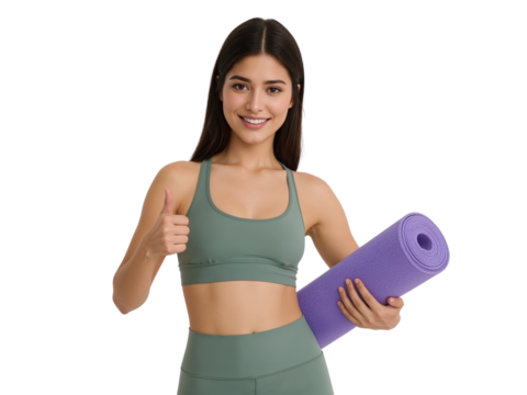 Confident yoga enthusiast displaying thumbs up with mat on a transparent area conveys wellness