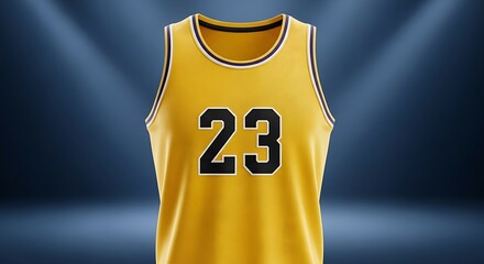 Isolated bright yellow sleeveless basketball jersey featuring bold black number 23.