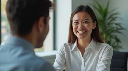 Detailed shot of professional woman recruiter displaying authentic warm smile while providing detailed answers to job applicant in office environment.

