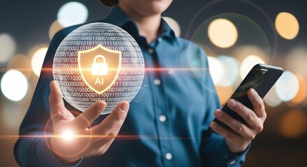 Ai powered cybersecurity and data protection concept with person holding secure globe shield