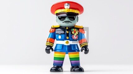 A vibrant retro plastic toy soldier figurine stands proudly in a detailed uniform with a rainbow-colored lower garment, showcasing a unique blend of vintage style and modern
