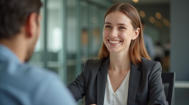 Detailed shot of professional woman recruiter displaying authentic warm smile while providing detailed answers to job applicant in office environment.


