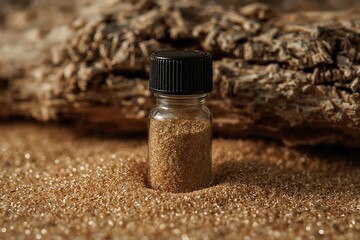 A tiny glass vial holds a precious sample of golden sand or mineral powder for scientific analysis against a wood background.