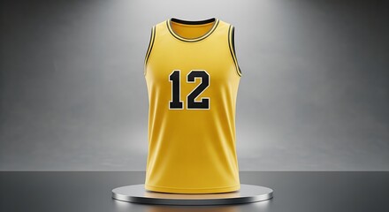 Vibrant yellow basketball jersey with black number twelve displayed on a gray pedestal.
