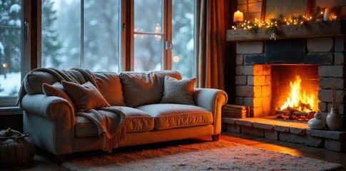 Fototapeta premium Relaxing Winter Evening by the Fireplace Cozy Living Room Scene with Plush Maroon Couch and Warm Throw Blanket, Perfect for Cold Weather Comfort