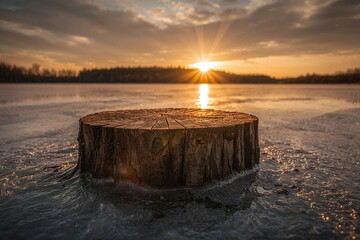 A solitary tree stump frozen into the surface of a lake during a spectacular winter sunrise.