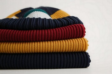 A vibrant stack of folded, ribbed knit beanies in multiple colors, showcasing cozy winter fashion and warmth on a white background.