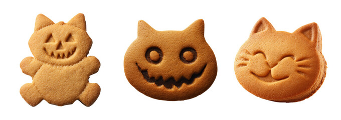 Halloween dessert cookies shaped like cute and spooky cat faces with joyful and eerie expressions