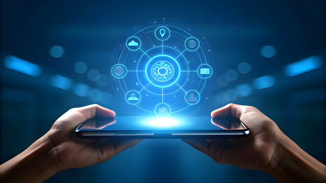 Hands holding smartphone displaying digital network of icons