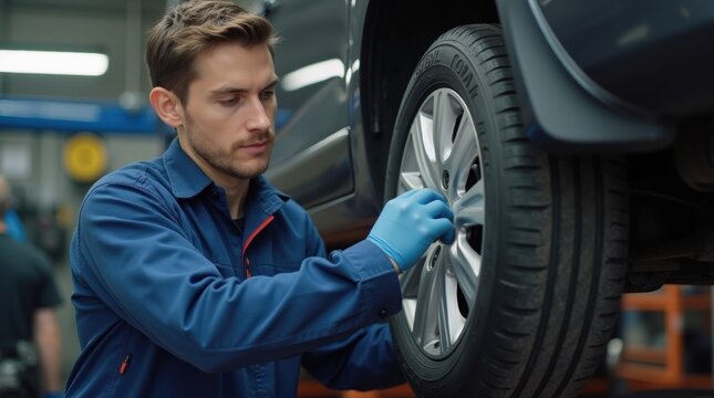 Professional mechanic adjusting tire balancing machine settings while wheel rotates, focused on precision work in automotive service environment.

