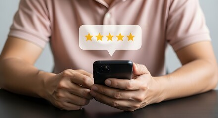 Customer feedback concept man using smartphone with star rating online review reputation score 94
