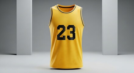 Studio shot of a bright yellow sleeveless basketball jersey with black number twenty-three.