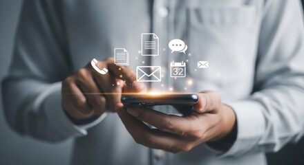 A man is using a smartphone to access various communication and business applications for connection
