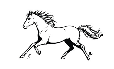 Galloping Horse Vector Outline – Bold Black and White Line Art of Running Equine with Flowing Mane in Dynamic Motion