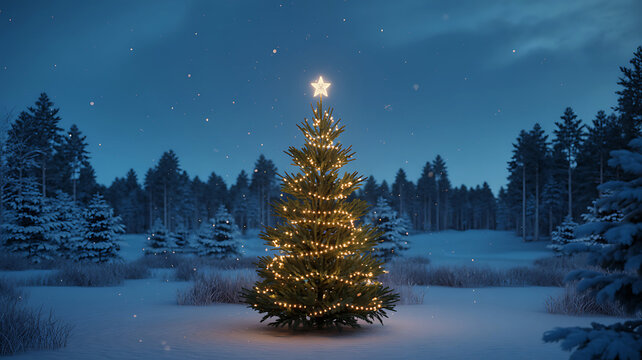 Illuminated christmas tree in snowy forest under starry night sky