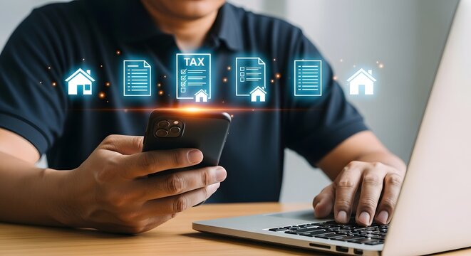 Filing property taxes online using laptop and smartphone for real estate tax payments system