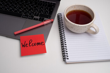 Office desk with red 