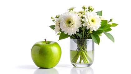 Green apple beside a bouquet of white flowers