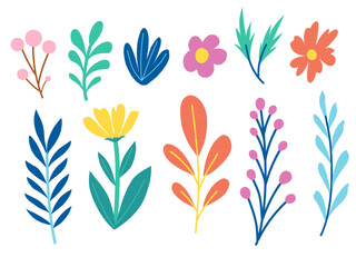Bright and vibrant floral illustrations with a mix of flowers and leaves, perfect for summer and spring-themed designs. Ideal for invitations, cards, and nature inspired projects