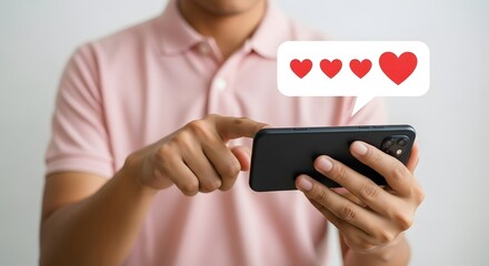 Man using smartphone getting love likes on social media app for online dating concept and engagement