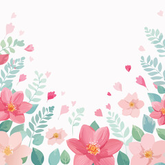 Pink and coral flowers with green leaves and petals on white background floral pink flowers