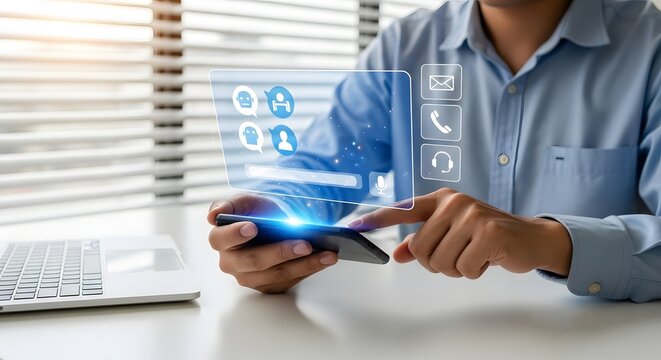 Man using mobile phone for customer service chatbot ai technology communication support app 94 - Powered by Adobe