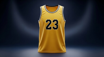 A bright yellow basketball jersey with the number twenty-three is displayed clearly against a dark