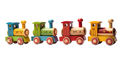 Four colourful wooden toy trains on a white background isolated on white background
