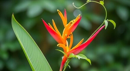 Obraz premium Heliconia Flower with Vibrant Bracts – Tropical Botanical Close-Up with Green Leaf and Vine Accent