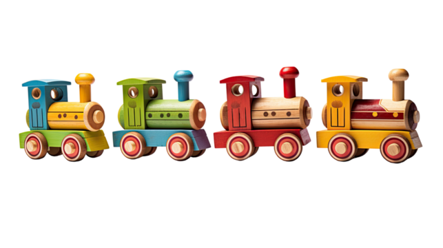 Four colourful wooden toy trains on a white background isolated on white background
