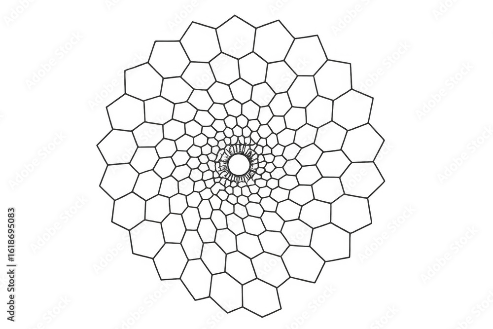 Poster geometric hexagonal pattern forming layered, symmetrical design with clean lines, highlighting conte