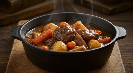 Hearty Beef Stew in Cast Iron Pot with Steaming Warmth on Rustic Wooden Board