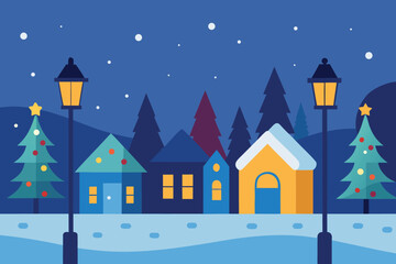 Fototapeta premium cozy winter village at night, illuminated by street lamps and glowing windows of houses and decorated christmas trees, creating a magical and festive holiday atmosphere vector illustration