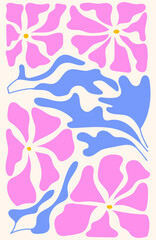 Abstract flower retro poster. 1960 vibe, Botanical groovy illustration, boho style. Vector wall art.