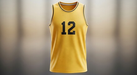 Isolated yellow basketball jersey with number twelve on soft blurred background.
