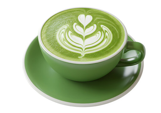 Close up of matcha latte art in a green cup on a white saucer plate isolated on white or transparent background. PNG