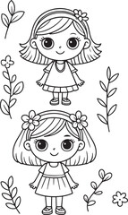 Two happy girls with flowers and leaves cute