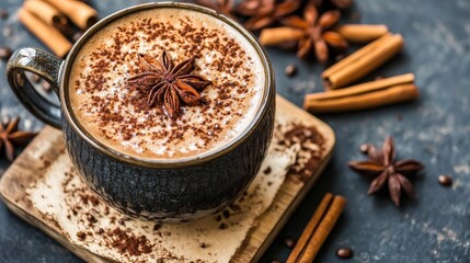 Fototapeta premium Cozy Mug of Hot Chocolate with Cinnamon and Star Anise on Wooden Tray