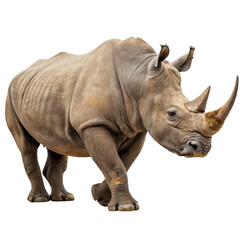 Fototapeta premium A powerful rhinoceros stands majestically, showcasing its impressive horn and thick, textured skin in the wild isolated on transparent background