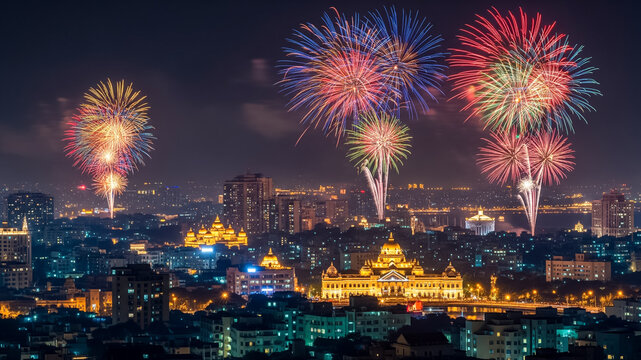 Night cityscape with Diwali fireworks above skyline.