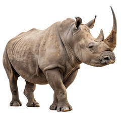 Fototapeta premium A powerful rhinoceros stands majestically, showcasing its impressive horn and thick, textured skin in the wild isolated on transparent background
